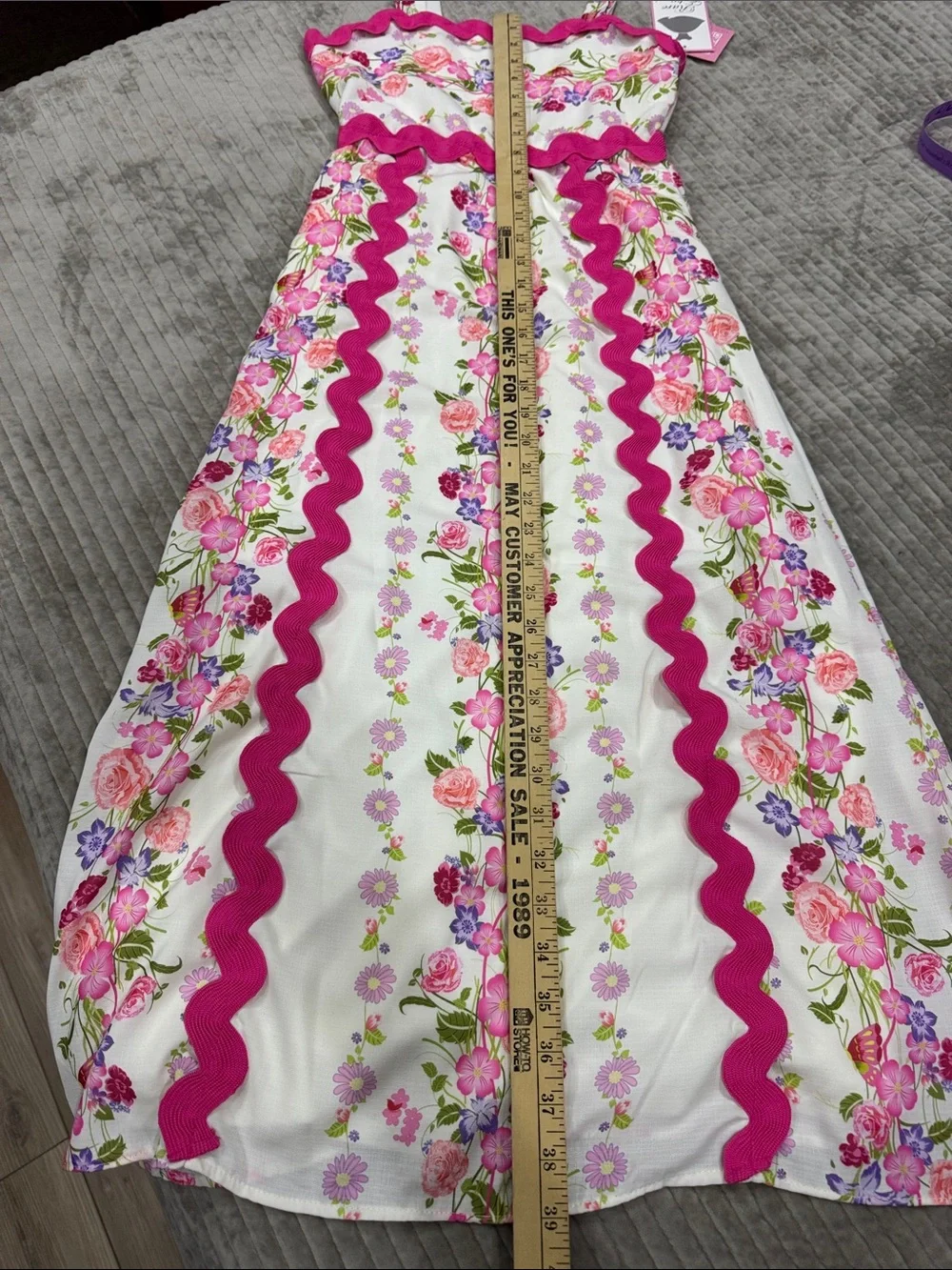Rare Editions White Floral Maxi Dress with Pink Ric Rac Trim